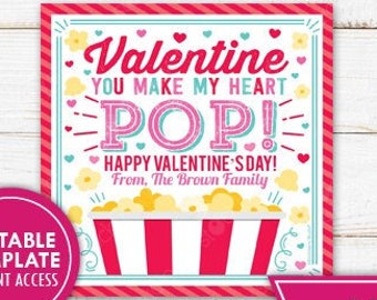 Valentine Popcorn Tag Printable You Make My Heart Pop Valentine's Day Tags Kids School PTO PTA Teacher Classroom Editable Template