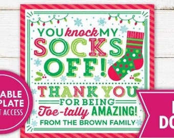 Christmas Sock Gift Tag Thank You Toe-Tally Amazing Label Printable Mani Pedi Staff Employee Nurse Teacher Appreciation Editable Template