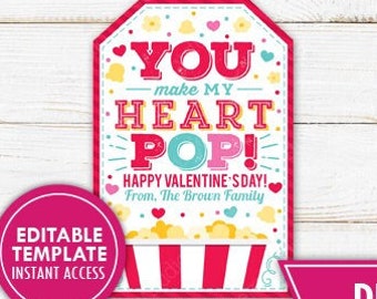 Valentine Popcorn Gift Tag You Make My Heart Pop Valentine's Day Tags Printable Kids Valentines Coworker Staff Teacher Class Editable