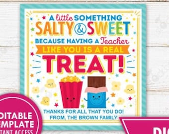 Popcorn Chocolate Gift Tag Salty Sweet Treat Thank You Staff Employee Teacher Appreciation School PTO Printable Editable Template Download