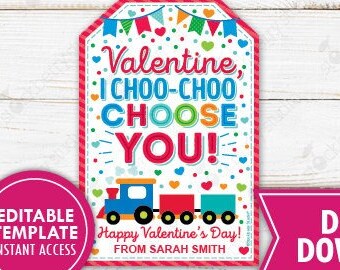 Valentine I Choo Choo Choose You Train Valentine's Day Gift Tags Printable Kids Classroom Preschool Valentines Non-Candy Valentine Tag