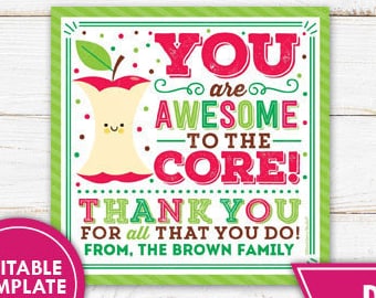 Teacher Gift Tags Printable Apple You Are Awesome to the Core Employee Teacher Appreciation Staff School PTO Fall Thank You Label Editable