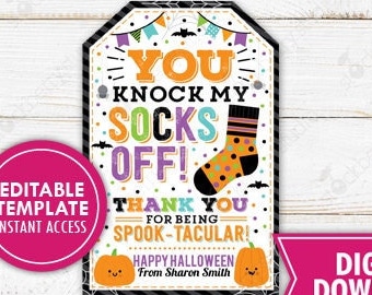 Halloween Socks Gift Tag Printable Teacher Appreciation Staff Volunteer Coworker Spa Sock Tags Thank You Label Editable Instant Download