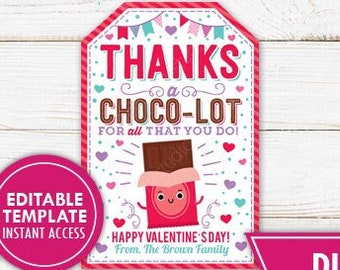 Valentines Day Chocolate Gift Tag Valentine Thanks a Choco-Lot Label Employee Teacher Appreciation Company Staff School PTA PTO Editable