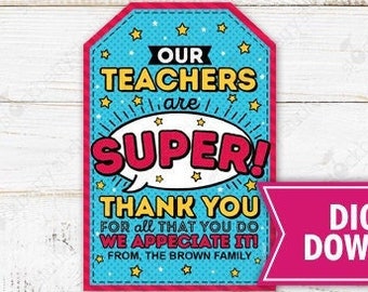 Superhero Teacher Thank You Gift Tag Printable Editable Template Super Hero Teacher Gift Tag Teacher Appreciation School PTO PTA