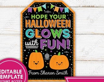 Halloween Glow Stick Gift Tag Glows with Fun Light Bracelet Kids Preschool Classroom Team Glowstick Student Printable Editable Template