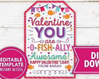 Valentine Goldfish Gift Tag Printable O-fish-ally Awesome Fish Valentine's Day Tags Kids Classroom Non-Candy Valentines Preschool Tag