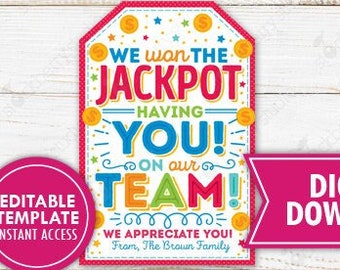 Lottery Gift Tag Printable We Won the Jackpot Lotto Tags Team Appreciation Teacher Coworker Staff Employee Thank you School PTO PTA