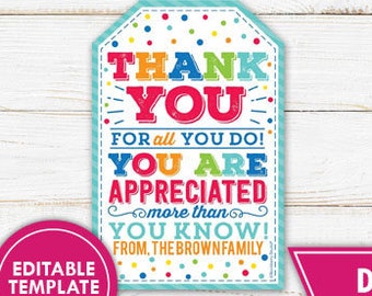 Thank You Gift Tag Printable Staff Nurse Staff Teacher Appreciation Gift Tag Editable Volunteer Coworker Boss Thank You for all You Do