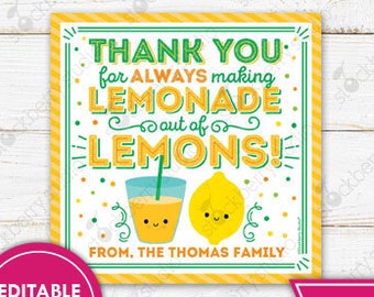 Lemon Gift Tag Printable Lemon Thank You Tag Teacher Appreciation Coworker Volunteer Employee Staff Nurse School PTO PTA Template Editable