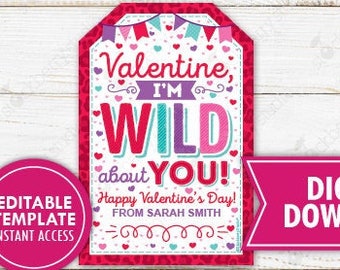 Valentine I'm Wild About You Tag Printable Animal Cracker Valentine's Day Preschool Kids Classroom Non-Candy Valentine Tags