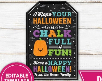 May include: A Halloween-themed printable tag with a black chalkboard design. The tag features the text "I Hope Your Halloween is Chalk Full of Fun!" and a smiling orange pumpkin. The tag is 3.75 inches high.