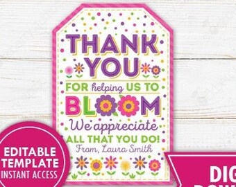 Fleur Merci de nous avoir aidés à fleurir Étiquette-cadeau Imprimable Floral Grow Thème Personnel Enseignant Appréciation École PTO PTA Modèle modifiable