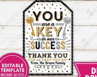 Key in Our Success Gift Tag Teacher Employee Staff Appreciation School Essential Worker Thank You Tags Printable Editable Template