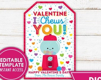 Valentine's Day Bubble Gum Gift Tags Printable I Chews You Tags Valentine Gumball Favors Editable Valentine Classroom Gifts Instant Download