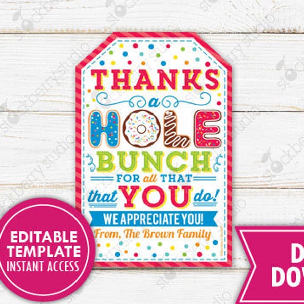 Donut Gift Tag Thanks A Hole Bunch Donut Thank You Tags Teacher Appreciation Gift Staff Employee Thank You Label Printable Editable Template