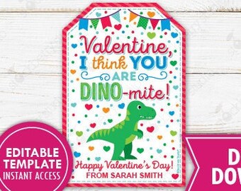 Etiqueta de dinosaurio de San Valentín imprimible Creo que eres Dino-Mite Día de San Valentín Dino Valentines Preescolar Niños Aula San Valentín No Candy Tag