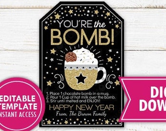 New Year's Hot Chocolate Bomb Gift Tag Hot Cocoa Recipe Label NYE Holiday Nurse Staff Appreciation Teacher Favor Thank You Printable