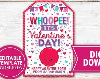 Valentine's Day Whoopee Cushion Gift Tag Printable Valentine Whoopie Class Non-Candy Daycare Preschool Editable Kids Classroom Friend