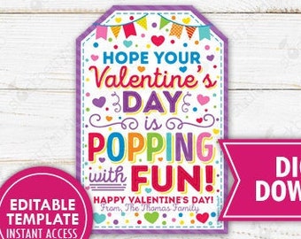 Valentine's Day Pop Gift Tag Popping with Fun Fidget Toy Popcorn Preschool Kids Classroom Valentine Non-Candy Printable Editable Template