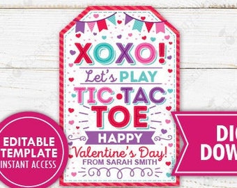 Valentine Tic Tac Toe Gift Tag Printable Valentine's Day Tic-Tac-Toe Game Tags XOXO Kids Classroom Valentines Preschool Valentine Non-Candy