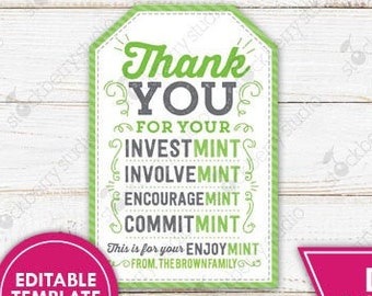 Mint Gift Tags Teacher Appreciation Gift Mint Thank you Tag Staff Employee Volunteer Thank You Label Printable Editable