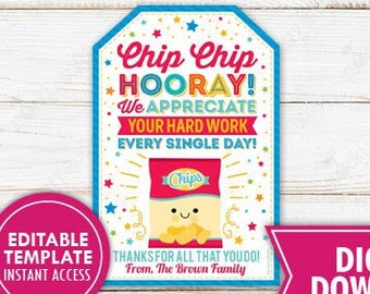 Chips Thank You Gift Tag Chip Chip Hooray Snack Gift Tag Teacher Appreciation Staff Employee School PTO PTA Printable Editable Template