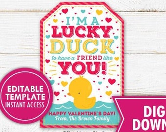 Rubber Duck Valentine's Day Gift Tags Valentine Lucky Duck Tag Printable Class Daycare Preschool Editable Valentine Classroom Gifts Friend