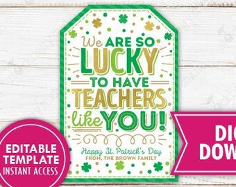St Patrick's Day Teachers Gift Tag So Lucky Staff Appreciation Printable St Patricks Day Thank You Label School PTO PTA Editable Template