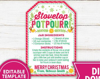 Christmas Stove Top Potpourri Tag Christmas Gift Tag Printable Christmas Potpourri Gift Tags Potpourri Label Holiday Gift Tag Editable