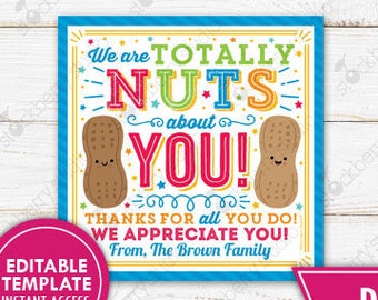 Nuts Gift Tag Teacher Appreciation Gift School PTO PTA Volunteer Coworker Nurse Staff Employee Thank You Tag Printable Editable Template