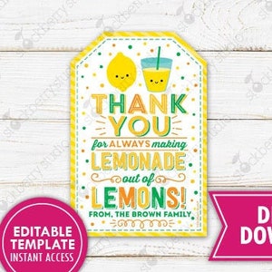 Lemonade Out of Lemons Thank You Gift Tag Teacher Appreciation Staff Employee School PTO PTA Thank You Printable Editable Template