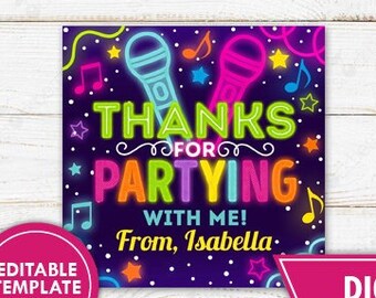 Op de afbeelding: Een bedankkaartje om te printen met een neonroze, blauwe en groene ontwerp. De kaart zegt "Bedankt voor het feesten met me! Van Isabella".