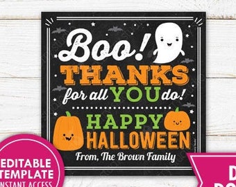 Halloween Teacher Gift Tag Boo Thanks for All You Do Halloween Teacher Appreciation Halloween Treat Tags Printable Halloween Thank You Tag