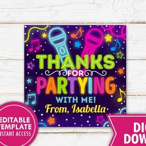 Pop Star Partying Thank You Tag Printable Girls Rainbow Neon Glow Music Party Guests Instant Download Editable Template image 1