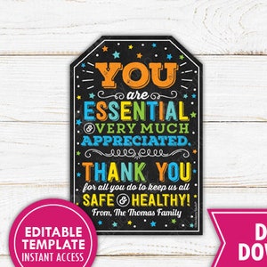 Essential Worker Appreciation Gift Tag Printable Frontline Worker Thank You Gift Editable Teacher Doctor Delivery Police Nurse Postal Worker image 1