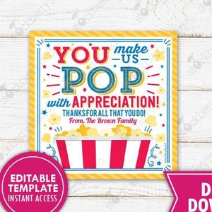 Popcorn Thank You Tag Printable Teacher Appreciation Tag Popcorn Gift Tag Editable Popping by to Say School Employee Staff Volunteer PTO PTA