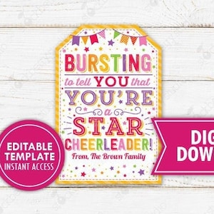 Bursting You&#39;re a Star Cheerleader Gift Tag Printable Sports Game Dance Cheer Team Competition Cheerleader Squad Appreciation Candy Snack