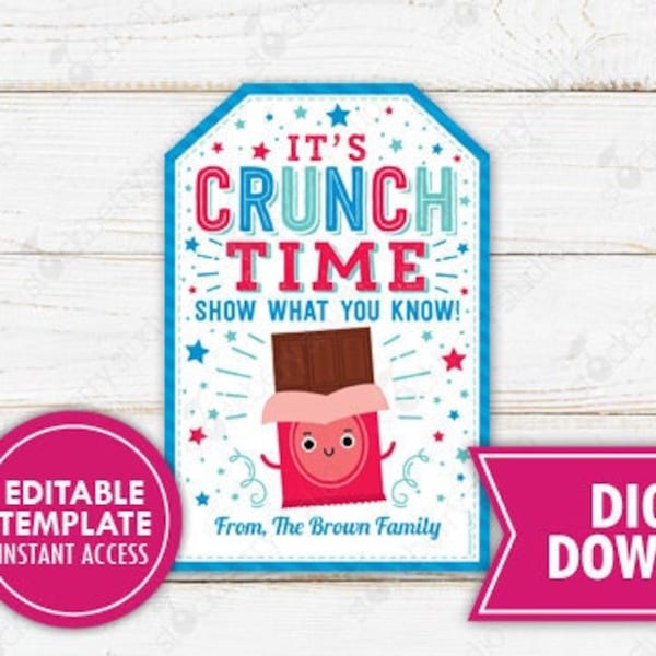 Crunch Time Show What You Know Gift Tag Printable Quiz Test Day Gifts Testing Team Student Appreciation School PTO PTA Editable Template