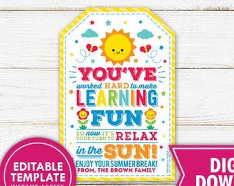 Teacher Gift Tag Summer Gift Tags Kids Teacher Appreciation End of School Year Last Day of School Teacher Thank You Label Editable Template