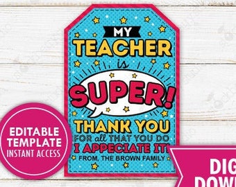 Tacketikett för superhjältelärare, utskrivbar redigerbar mall, tack för superhjältelärare, skola, föräldraledamöter, föräldraförening