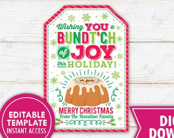 Christmas Bundt Cake Tag Wishing You a Bundt'ch of Joy Printable Thank You Tag School Teacher Appreciation Staff Coworker Editable Template