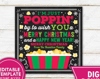 Christmas Popcorn Gift Tag Printable Poppin By to Wish You Merry Christmas Gift Tag Editable Holiday Popcorn Gift Tag Popcorn Thank You Tag