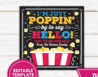 Popcorn Gift Tag Printable Poppin By to Say Hello Thinking of You Popcorn Label Popcorn Thank You Tag Editable Template