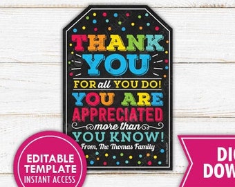 Teacher Appreciation Thank You Gift Tag Printable Staff Appreciation Gift Tag Volunteer Coworker Boss Thank You for all You Do Editable