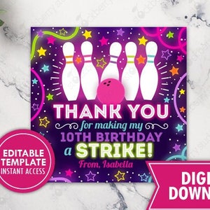 Girl Glow Bowling Birthday Party Favor Tags Girls Strike Neon Bowl Bedankt Tag Instant Download bewerkbare sjabloon
