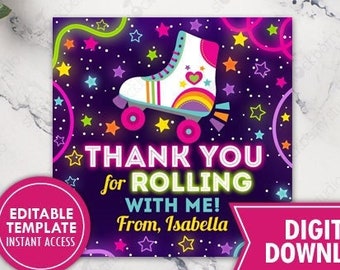 Glow Roller Skate Birthday Party Favor Tags Printable Girls Neon Roller Skating Birthday Thank You Tag Instant Download Editable Template