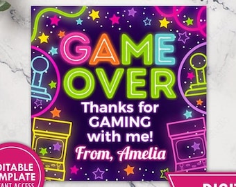 Girl Arcade Party Birthday Party Favor Tag Game Over Video Gaming Thank You Tag Printable Neon Glow Gamer Instant Download Editable Template