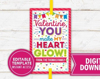 Valentine's Day Glow Stick Tag Printable Valentine You Make My Heart Glow Preschool Valentines Kids Classroom Non-Candy Ideas Editable