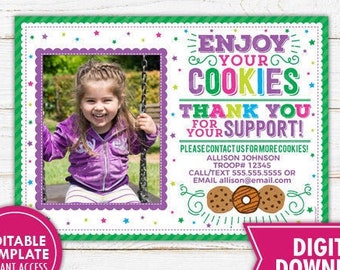 Scout Thank You Cards Printable Scout Cookies Thank You Notes Cookie Booth Fundraiser Cookie Sales Bake Sale Editable Instant Download